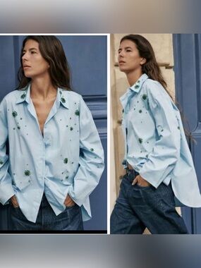 ZARA EMBROIDERED JEWEL Rhinestone SHIRT ZW COLLECTION Cotton Button Up Blue M-L